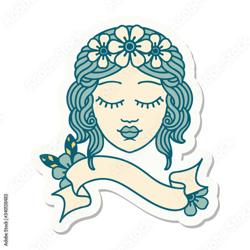 tattoo sticker with banner of a maidens face