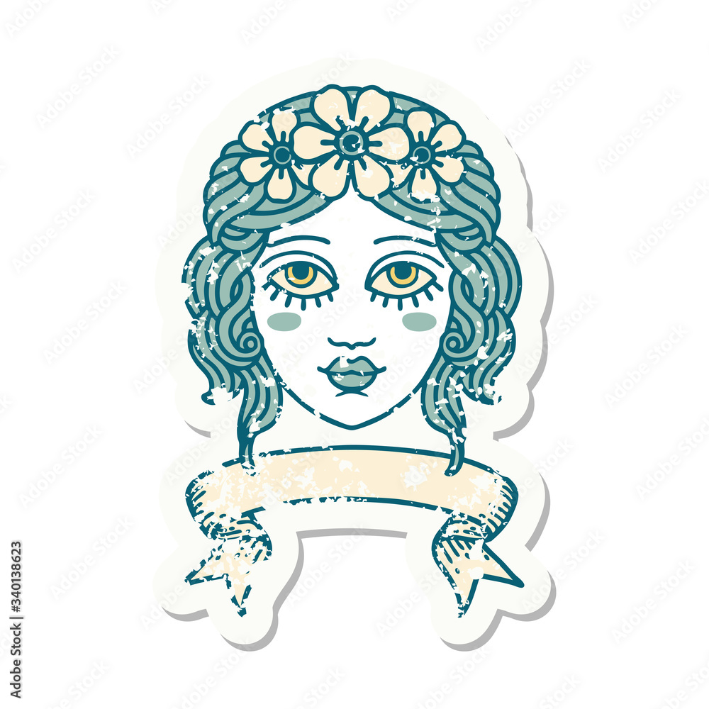 grunge sticker with banner of female face with crown of flowers grunge sticker with banner of female face with crown of flowers
