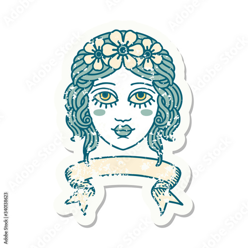 grunge sticker with banner of female face with crown of flowers
