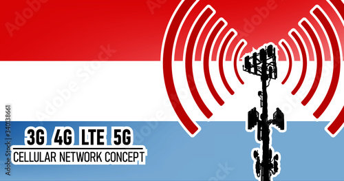 Cellular mobile tower connection network concept for Netherlands, vector illustration of 3g 4g LTE and 5g dangerous waves from the cell tower, risk of 5G idea in colors red, blue, white