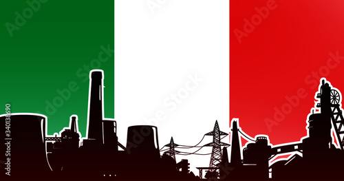 Industrial illustration for Italy vector illustration, manufacturing concept colored red with nuclear power plant, factory and mine on flag background in colors green, red, white
