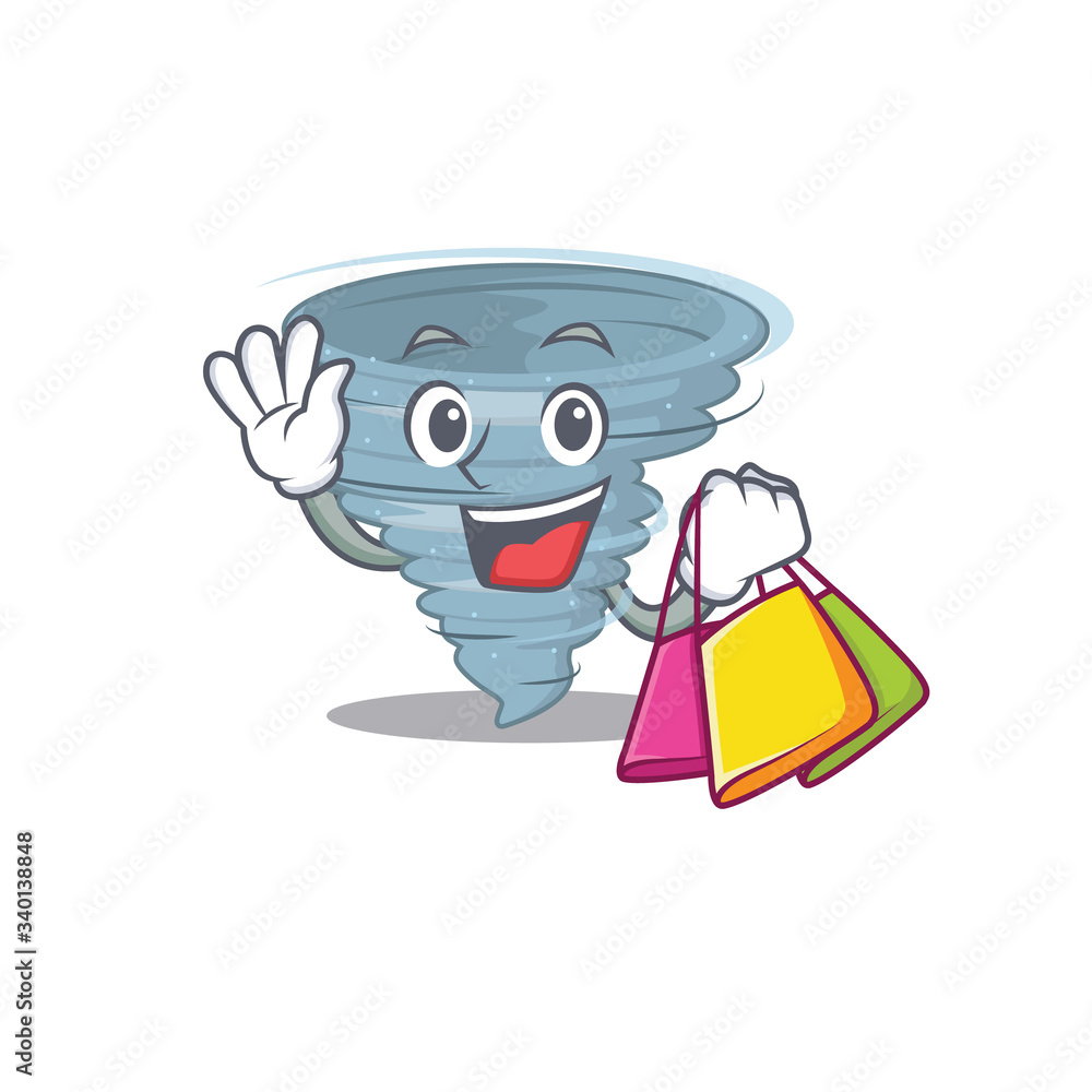 Rich and famous tornado cartoon character holding shopping bags