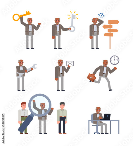 Black or indian old man showing various actions set. Old man holding big key, screwdriver, running, standing near crossroads sign. Flat design vector illustration