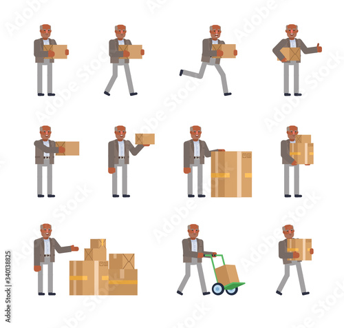 Black or indian old man standing with parcel box, running, walking, showing various gestures. Flat design vector illustration