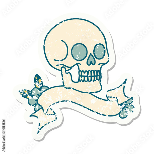 grunge sticker with banner of a skull