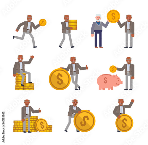 Black or indian old man showing various actions with golden coins. Old businessman holding big coin, saving money. Flat design vector illustration