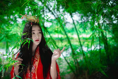 Portrait of beautiful asian woman wear ancient chinese dress style at the bamboo forest,Thailand people,Chinese movie scene