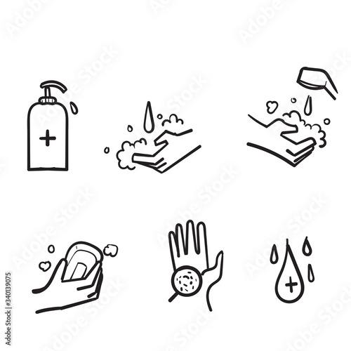 hand drawn Simple Set of Washing Hands Related Vector doodle Icons. Contains such Icons as Washing Instruction, Antiseptic, Soap and more.isolated
