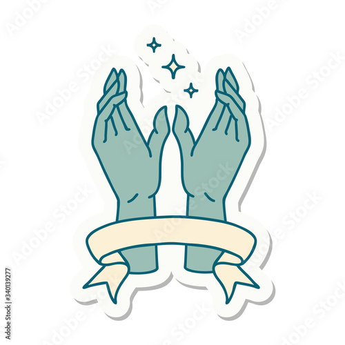 tattoo sticker with banner of mystic hands
