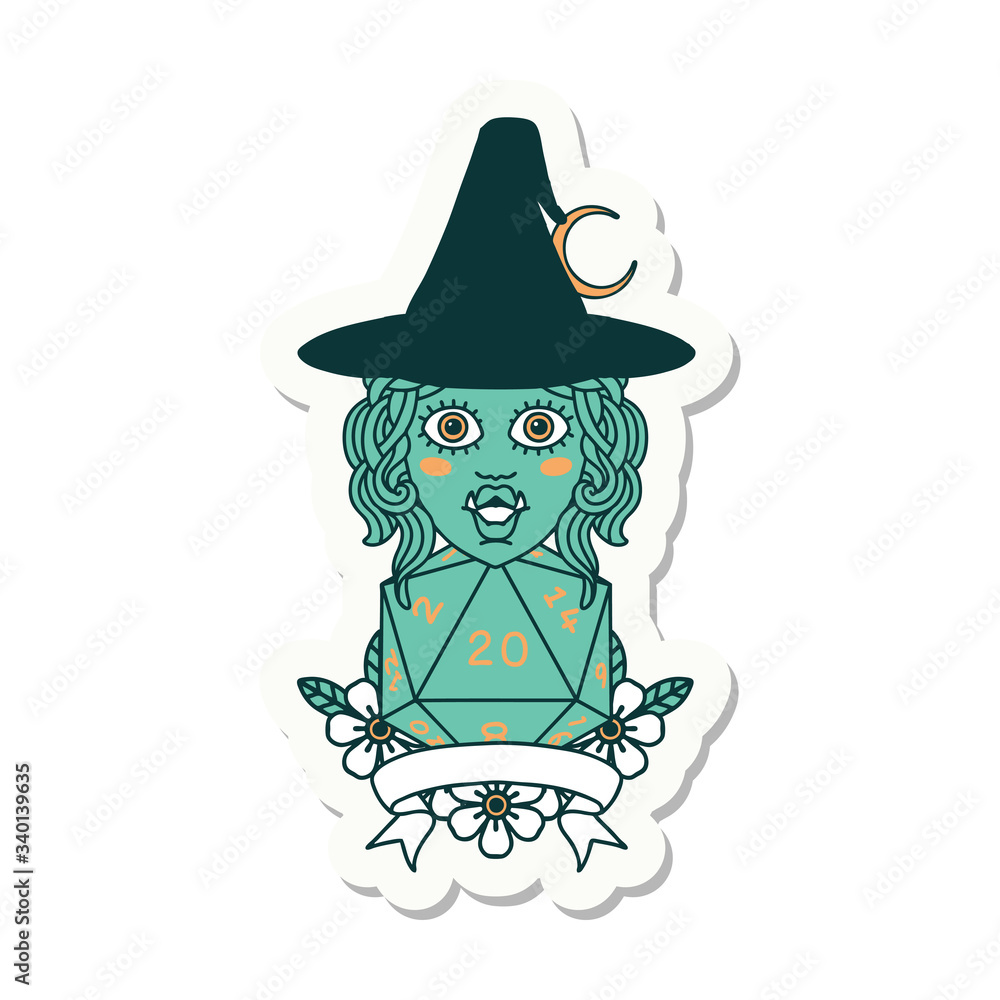 half orc witch character with natural 20 dice roll sticker half orc witch character with natural 20 dice roll sticker