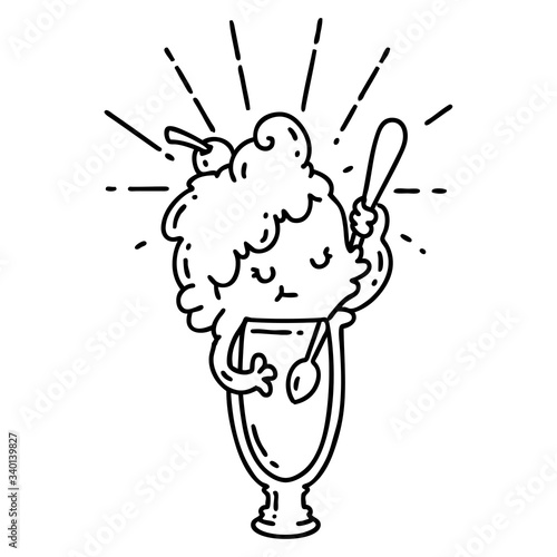 traditional black line work tattoo style ice cream character