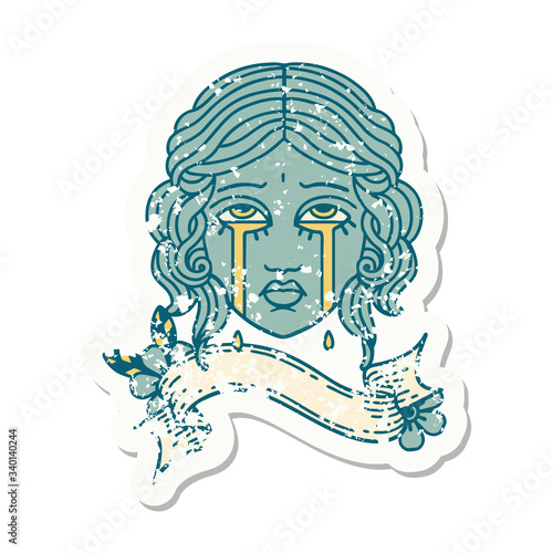 grunge sticker with banner of female face crying