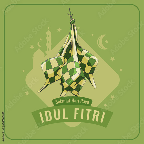 Eid al fitr ketupat rice cake greeting card