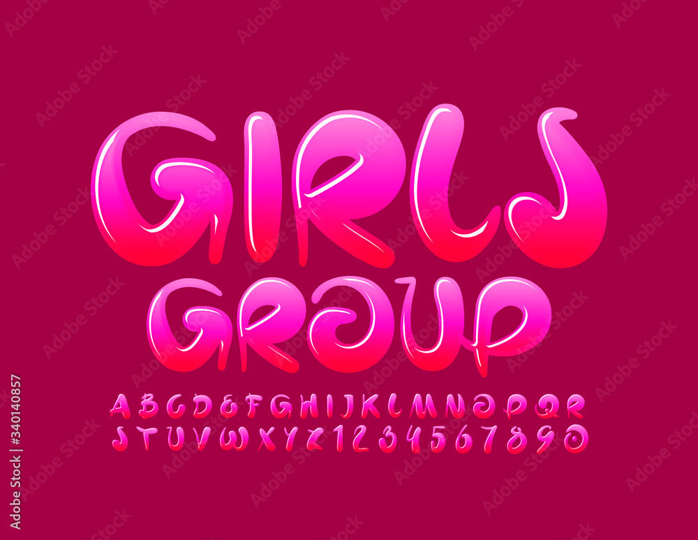 Vector stylish logo Girls Studio. Playful Pink Font. Glossy Alphabet Letters and Numbers Vector stylish logo Girls Studio. Playful Pink Font. Glossy Alphabet Letters and Numbers