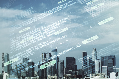 Multi exposure of abstract programming language hologram on Los Angeles office buildings background, artificial intelligence and machine learning concept