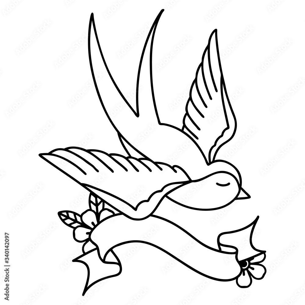 Naklejka premium black linework tattoo with banner of a swallow