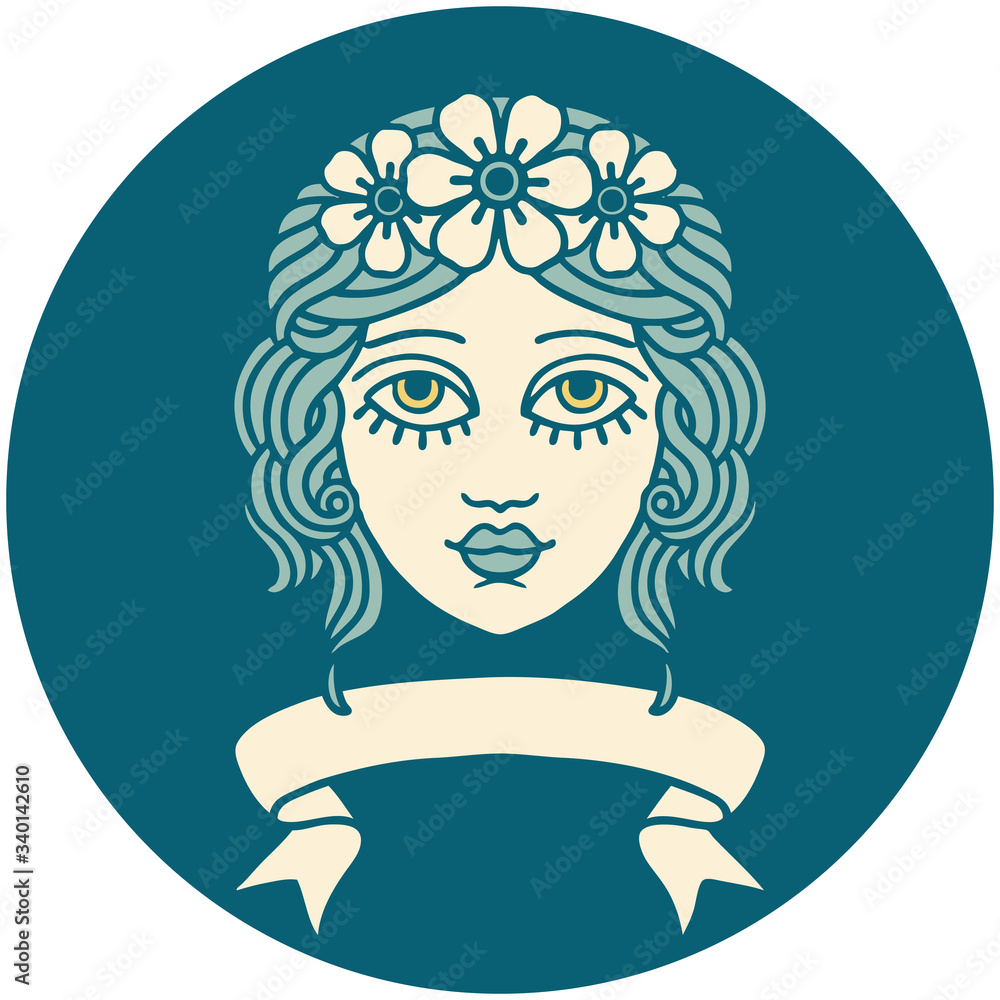 icon with banner of female face with crown of flowers icon with banner of female face with crown of flowers