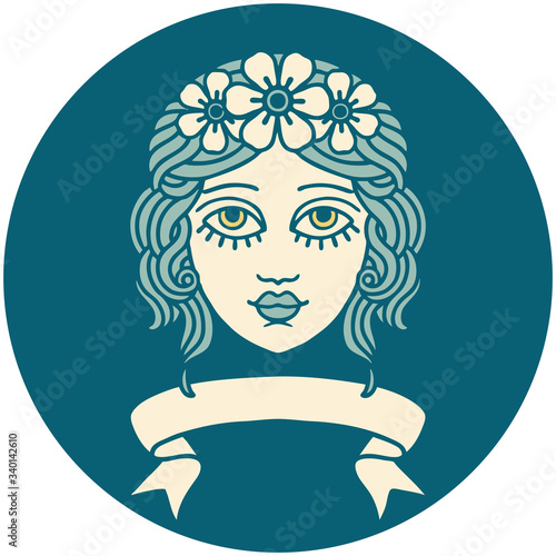 icon with banner of female face with crown of flowers