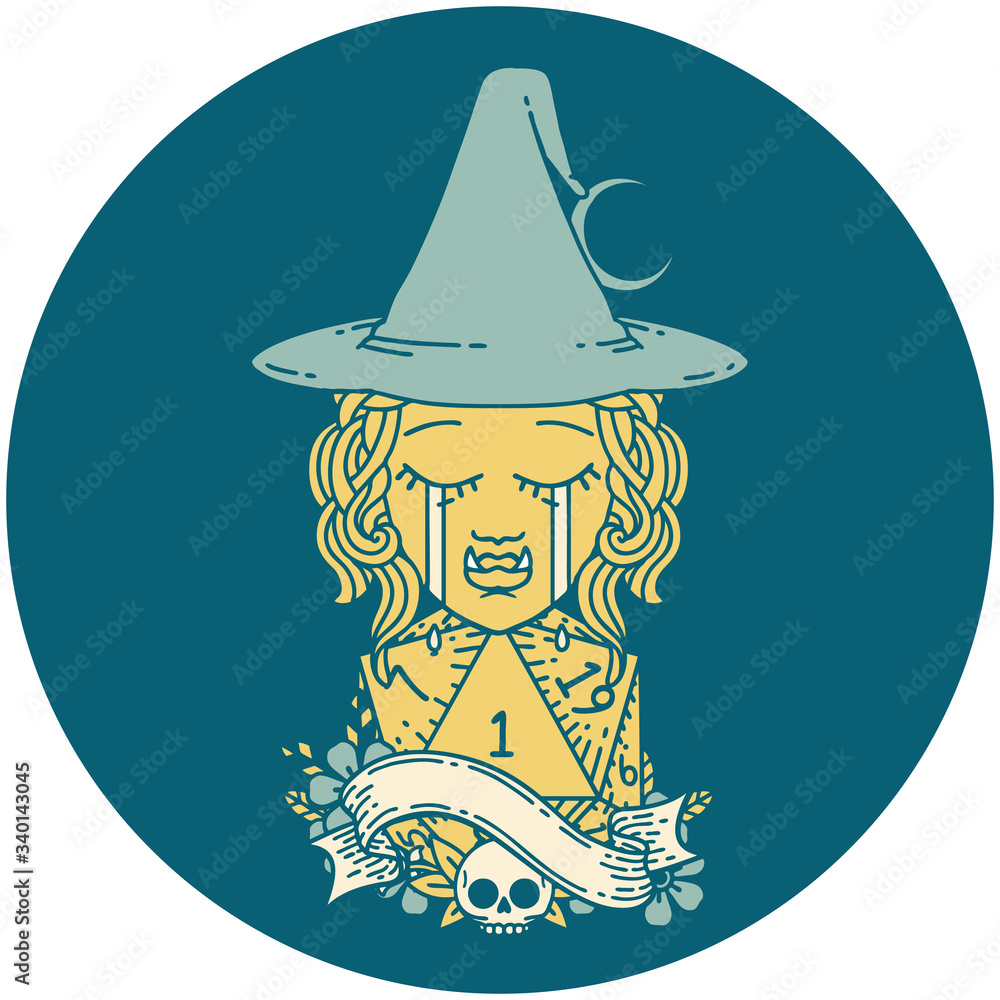 crying half orc witch character face with natural one d20 dice roll illustration