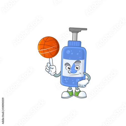 An athletic handsanitizer cartoon design style playing basketball