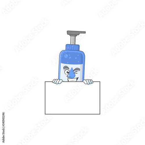Sneaky handsanitizer cartoon character style hiding behind a board