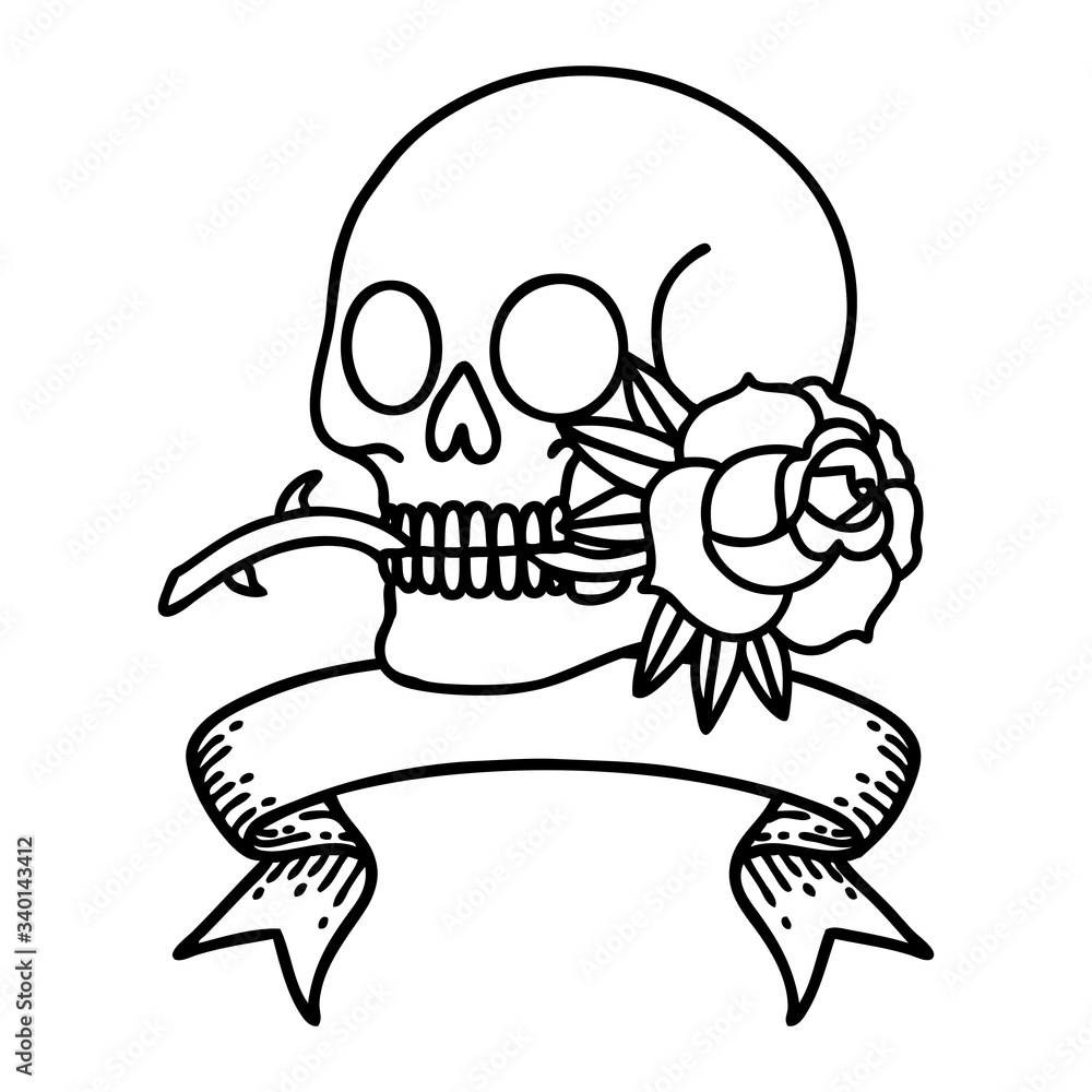 black linework tattoo with banner of a skull and rose