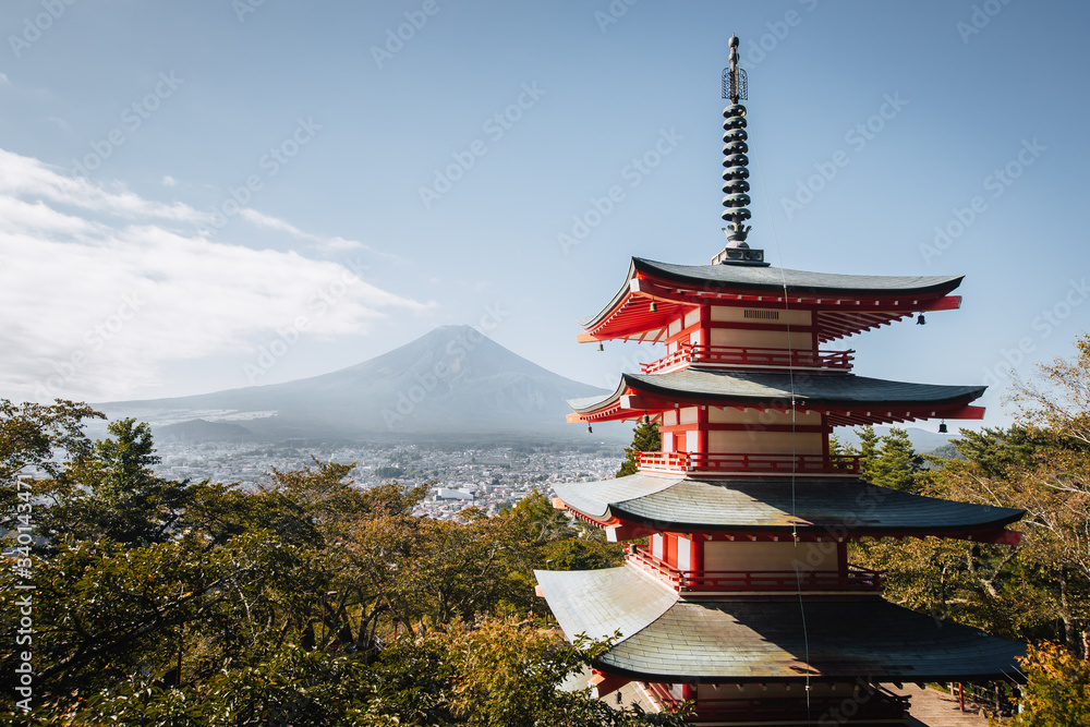 Mt. Fuji and Chureito red pagoda, Yamanashi, Japan
