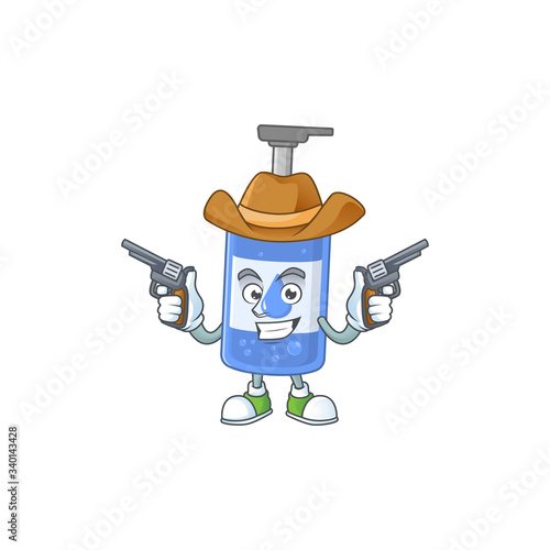 A cowboy cartoon character of handsanitizer holding guns