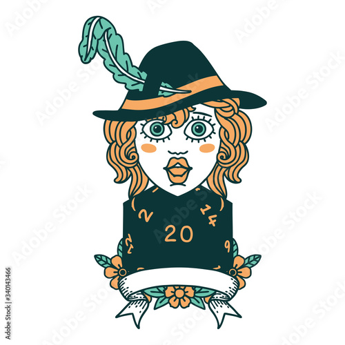 human bard character with natural 20 dice roll illustration