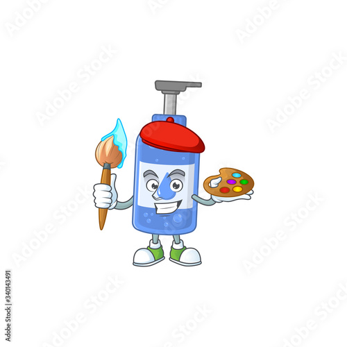 Artistic Artist of handsanitizer cartoon character painting with a brush