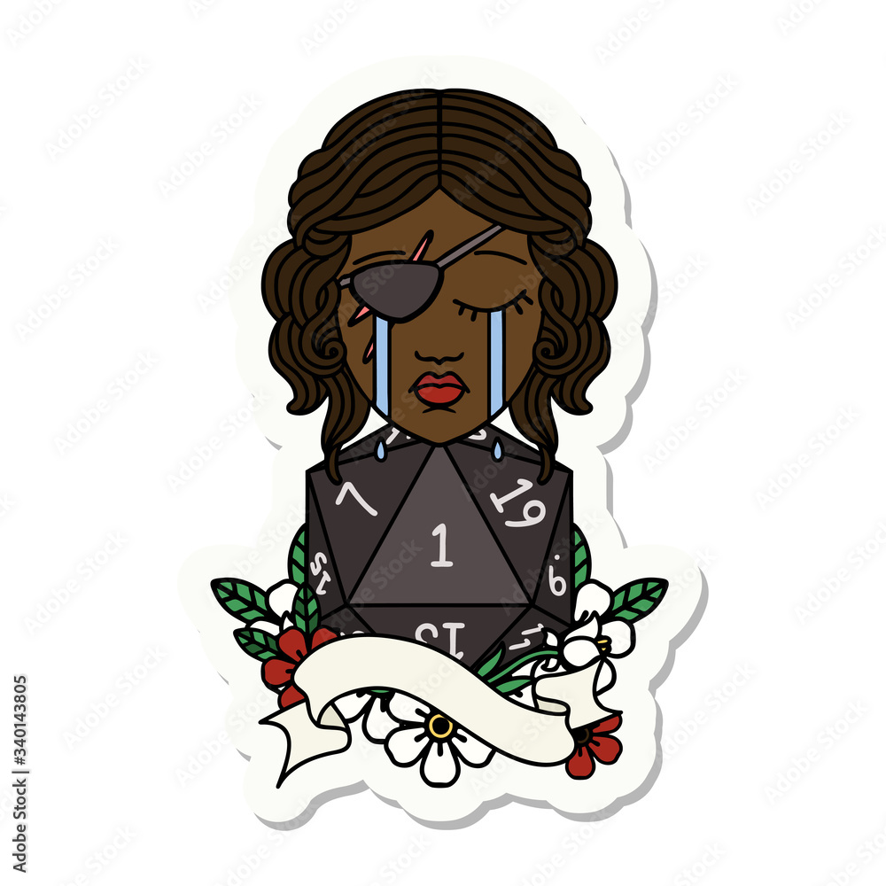 crying human rogue with natural one D20 roll sticker crying human rogue with natural one D20 roll sticker