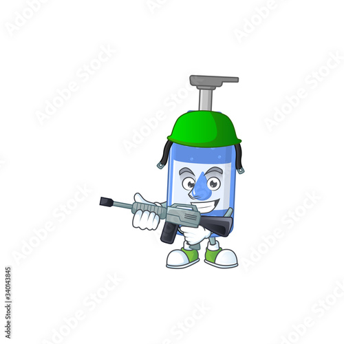 An elegant handsanitizer Army mascot design style using automatic gun