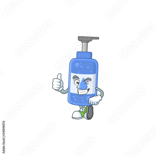 Mascot design style of handsanitizer showing Thumbs up finger