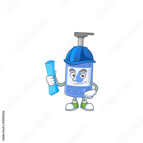Talented Architect handsanitizer cartoon design style having blue prints