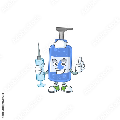 Friendly Nurse handsanitizer mascot design style using syringe