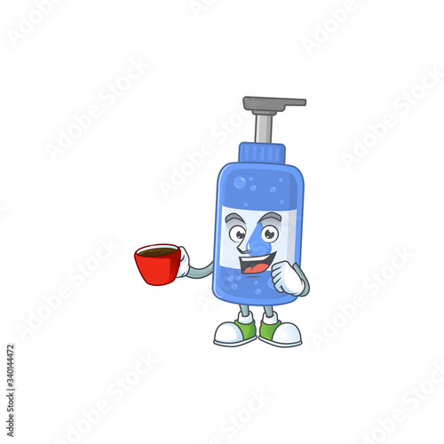 An image cartoon character of handsanitizer with a cup of coffee