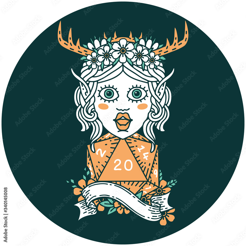 elf druid character with natural twenty dice roll icon elf druid character with natural twenty dice roll icon