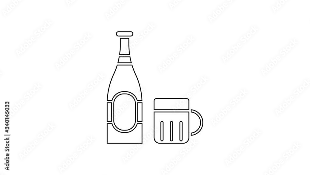 Black line Beer bottle and glass icon isolated on white background. Alcohol Drink symbol. 4K Video motion graphic animation Black line Beer bottle and glass icon isolated on white background. Alcohol Drink symbol. 4K Video motion graphic animation