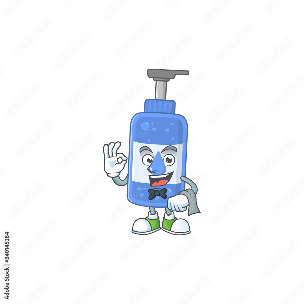 A handsanitizer waiter cartoon character ready to serve A handsanitizer waiter cartoon character ready to serve