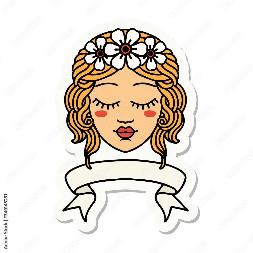 tattoo sticker with banner of female face with eyes closed tattoo sticker with banner of female face with eyes closed