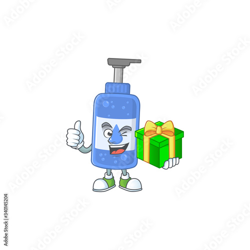 Smiley handsanitizer cartoon character holding a gift box