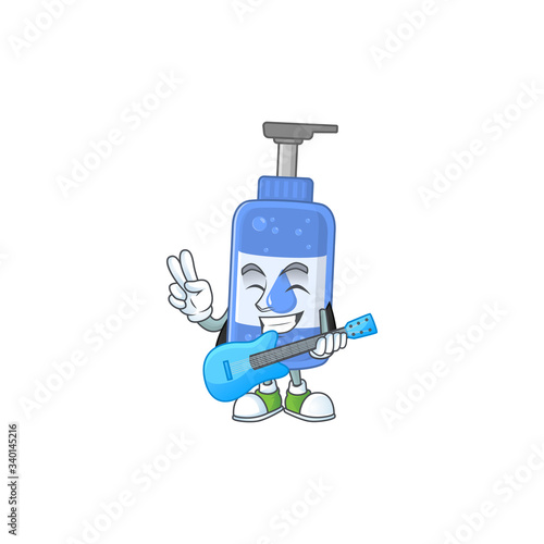 Happy face of handsanitizer cartoon plays music with a guitar