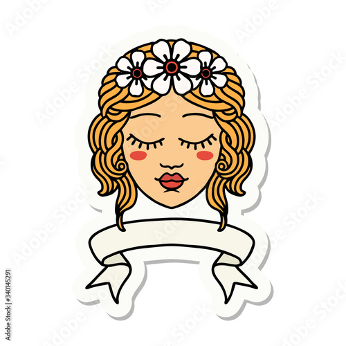 tattoo sticker with banner of female face with eyes closed