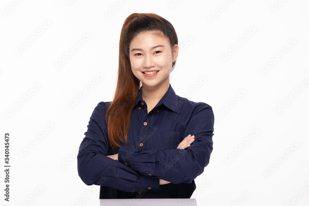 beautiful business Asian woman wearing blue shirt smile and cross arm with happiness and confident feeling,Isolated on white,Positive emotional beautiful business Asian woman wearing blue shirt smile and cross arm with happiness and confident feeling,Isolated on white,Positive emotional