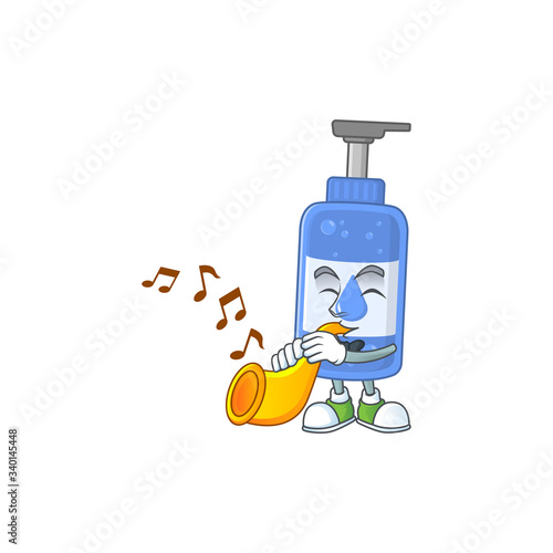 A brilliant musician of handsanitizer cartoon character playing a trumpet