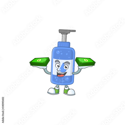 A cheerful handsanitizer mascot design with some money on hands