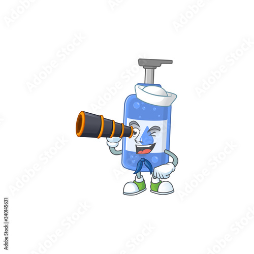 Handsanitizer in Sailor cartoon character style using a binocular