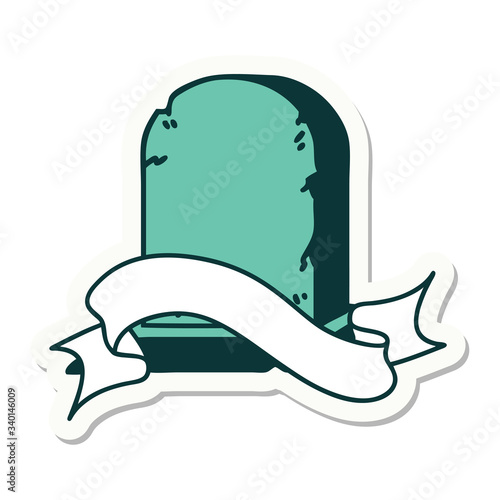 tattoo sticker with banner of a grave stone