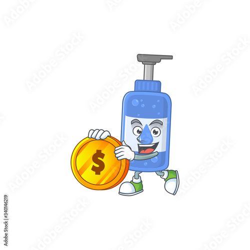 Handsanitizer rich cartoon character have big gold coin