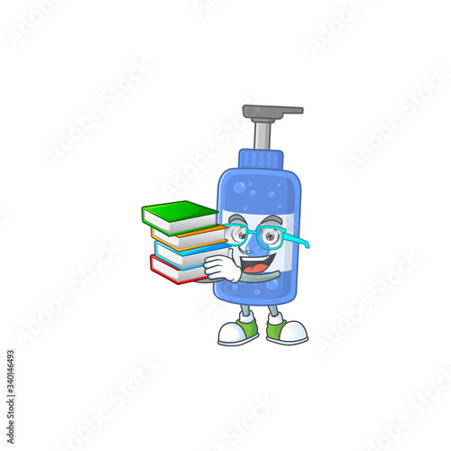 A mascot design of handsanitizer student character with book